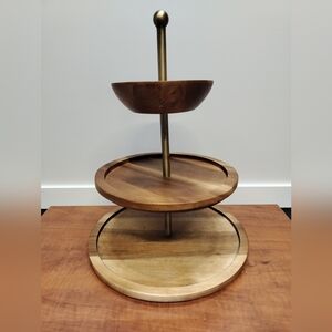 Threshold 3-Tier Acacia Wood  Serving Platter 5" 9"& 11" Diameter With Brass Rod